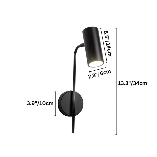 "Dimensions of a minimalist industrial black bedside reading lamp with a cylindrical shade and adjustable arm, 13.3 inches in height, 3.9 inches in wall mount diameter, 5.5 inches in shade length, and 2.3 inches in shade diameter."