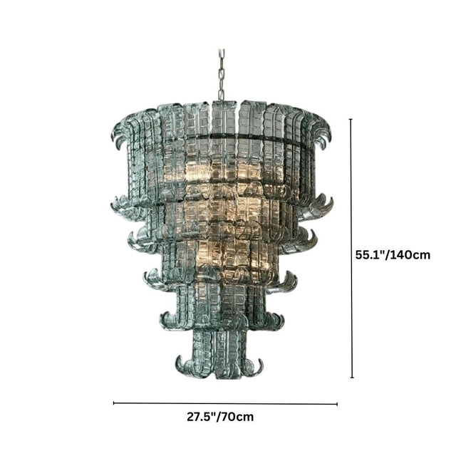 "Dimensions, 55.1 inches height and 27.5 inches width, of a tiered glass chandelier."
