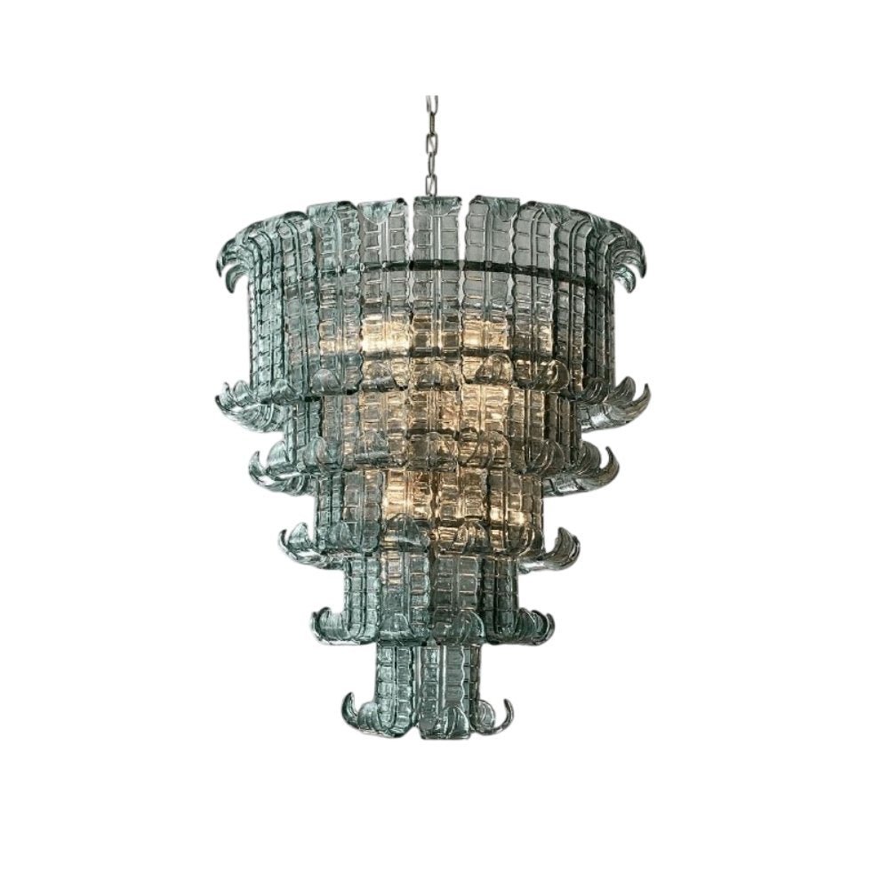 "A tiered glass chandelier isolated on a white background."
