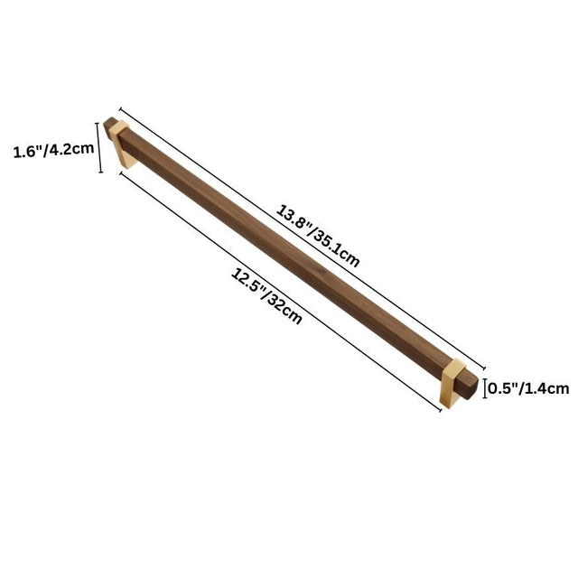 "Dimensions of a modern knob and pull bar featuring a sleek wooden bar with golden metallic brackets."