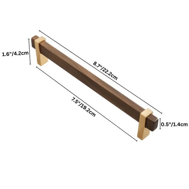 "Dimensions of a modern walnut wood pull bar with gold metallic brackets."