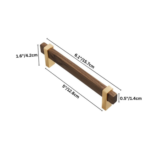 "Dimensions of a modern knob and pull bar featuring a sleek wooden bar with golden metallic brackets."