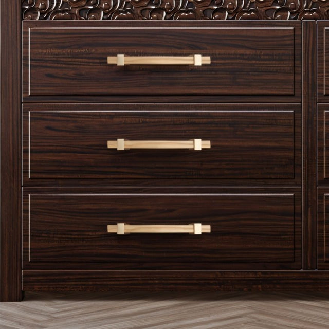 "Modern wooden pull bars with gold metallic brackets on a dark wood dresser."