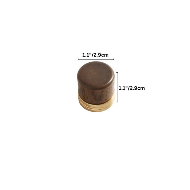 "Dimensions of a square modern wooden knob with a golden metallic base."