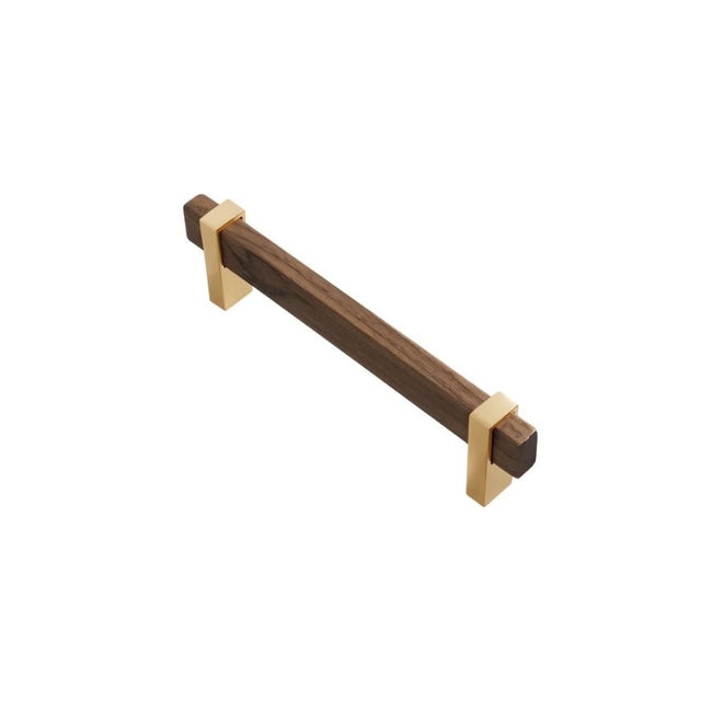 "Isolated view of a modern pull bar featuring a sleek wooden handle with golden metallic brackets."
