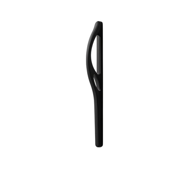 "Close-up of a sleek, black curved pull bar handle, highlighting its hollowed design and smooth finish."