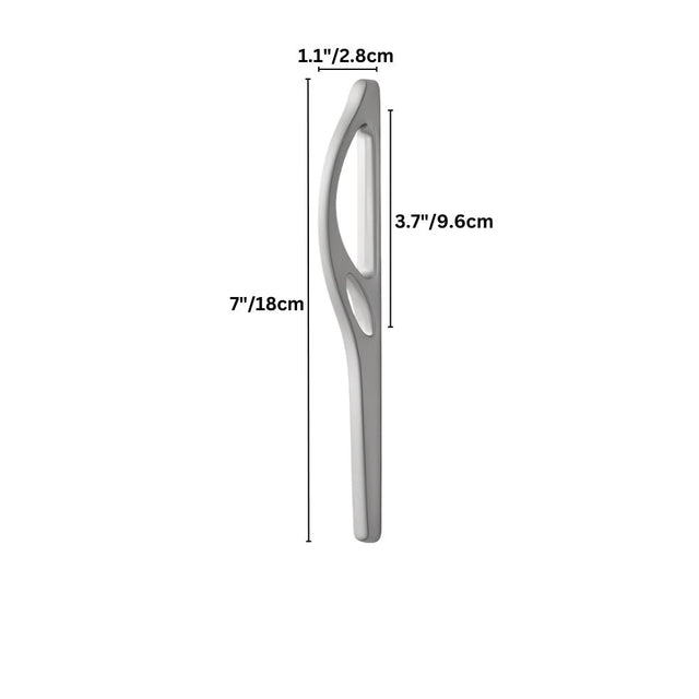 "Side view of a sleek, curved pull bar handle with a hollowed accent, made of zinc alloy."