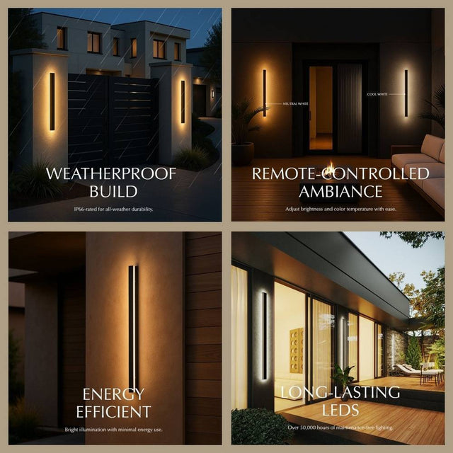 Helios LED Outdoor Wall Lamp features weatherproof build, remote-controlled color temperature, energy efficiency, and long-lasting LEDs.