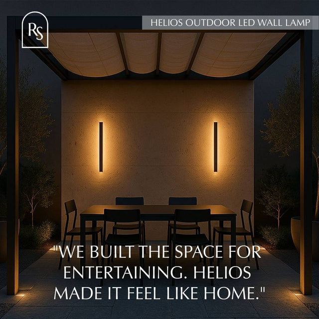 Outdoor dining area enhanced by Helios LED Outdoor Wall Lamps, creating a cozy and elegant ambiance for entertaining.