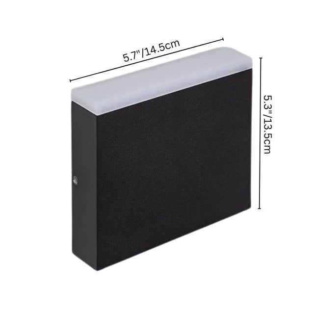 "Large Helor wall lamp with dimensions 5.7 inches (14.5 cm) in width, 5.3 inches (13.5 cm) in height, perfect for indoor and outdoor use with a sleek design and balanced illumination."