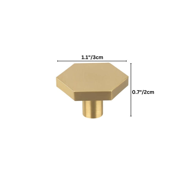 "Dimensions of a modern brass hexagon knob with a cylindrical mount, shown with measurements in inches and centimeters."