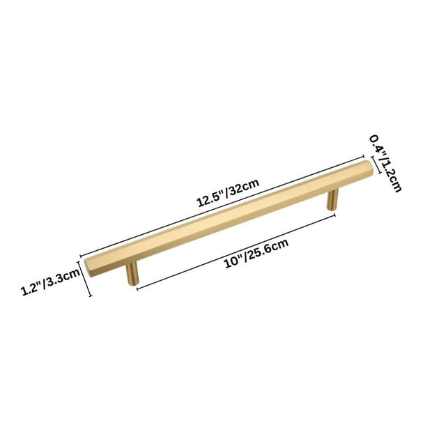 "Dimensions of a modern brass rectangular pull bar handle with cylindrical mounts, shown with measurements in inches and centimeters."