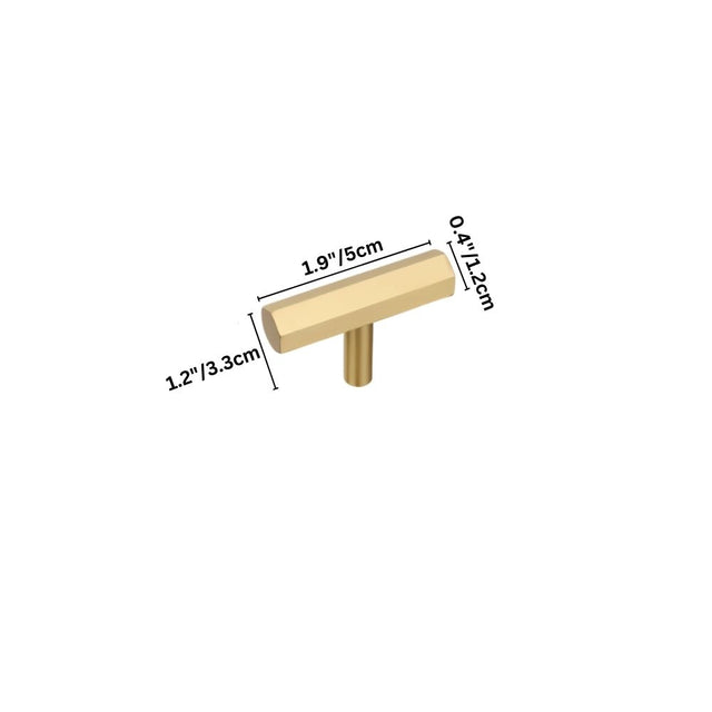 "Dimensions of a modern brass rectangular knob with a cylindrical mount, shown with measurements in inches and centimeters."