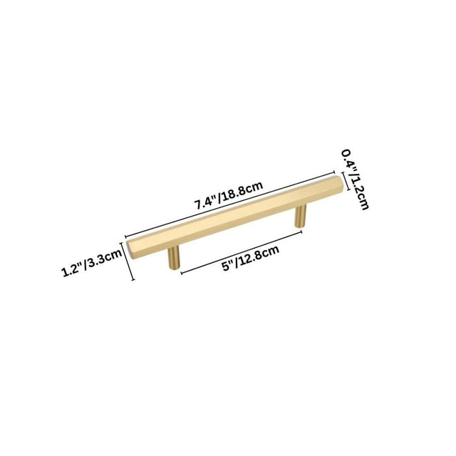 "Dimensions of a modern brass rectangular pull bar handle with cylindrical mounts, shown with measurements in inches and centimeters."
