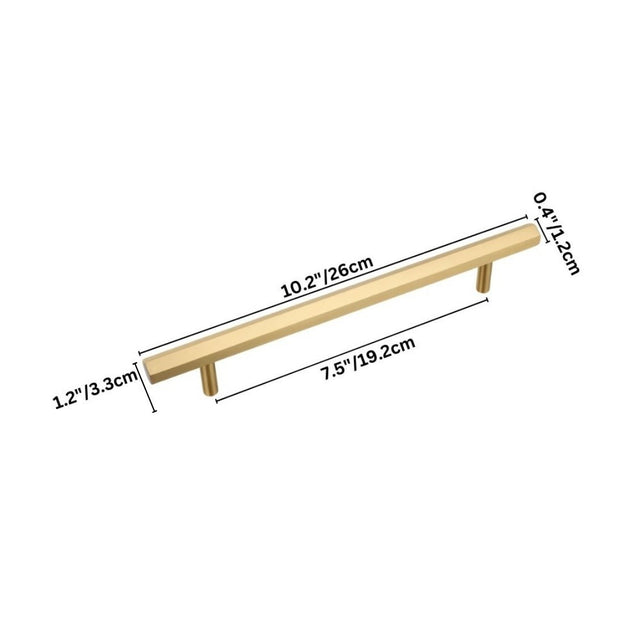 "Dimensions of a modern brass rectangular pull bar handle with cylindrical mounts, shown with measurements in inches and centimeters."