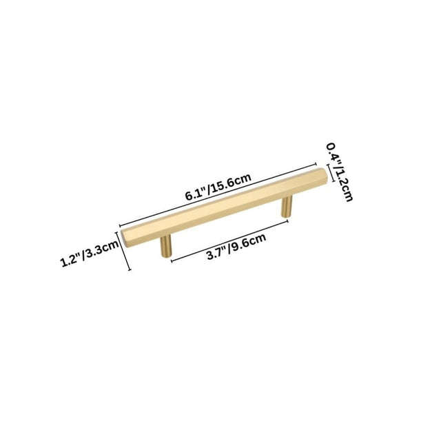 "Dimensions of a modern brass rectangular pull bar handle with cylindrical mounts, shown with measurements in inches and centimeters."