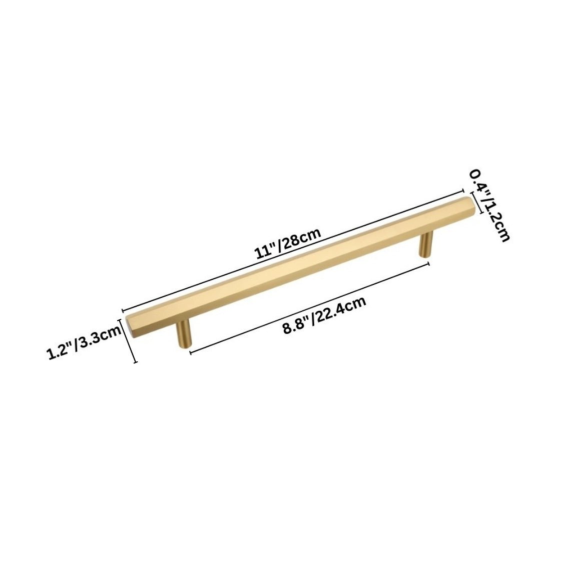 "Dimensions of a modern brass rectangular pull bar handle with cylindrical mounts, shown with measurements in inches and centimeters."