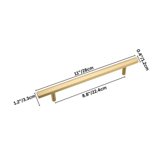 "Dimensions of a modern brass rectangular pull bar handle with cylindrical mounts, shown with measurements in inches and centimeters."
