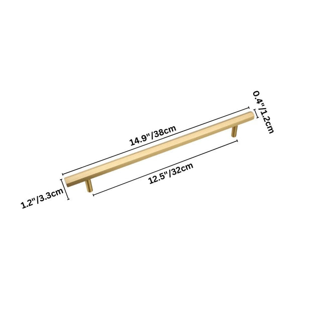 "Dimensions of a modern brass rectangular pull bar handle with cylindrical mounts, shown with measurements in inches and centimeters."