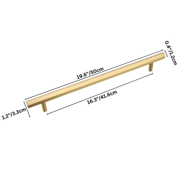 "Dimensions of a modern brass rectangular pull bar handle with cylindrical mounts, shown with measurements in inches and centimeters."