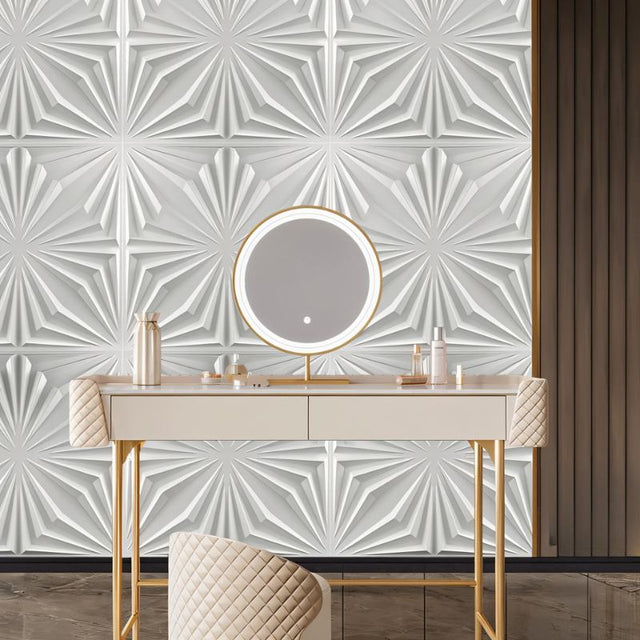 Hite PVC Wall Panels in white with 3D geometric starburst design behind a modern vanity table. Waterproof and easy to install for home decor.