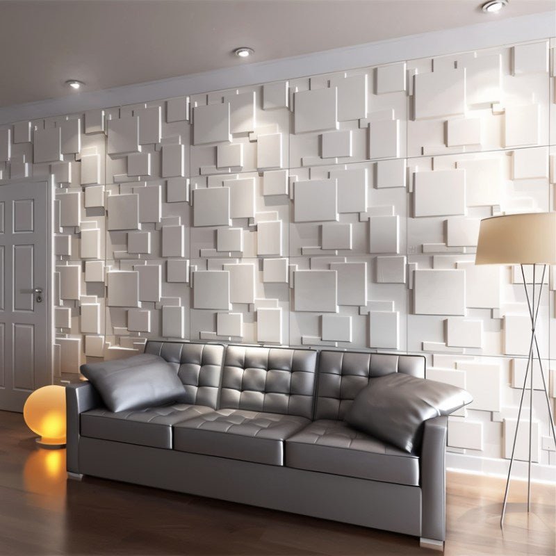 Hurain PVC Wall Panels behind a leather sofa, showcasing a textured 3D pattern for stylish and easy-to-install wall decor.