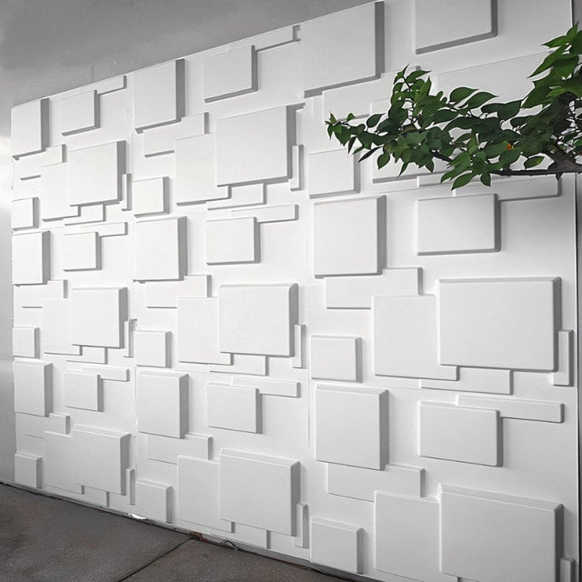 Close-up of white Hurain PVC Wall Panels with layered square design, perfect for customizable modern interiors.