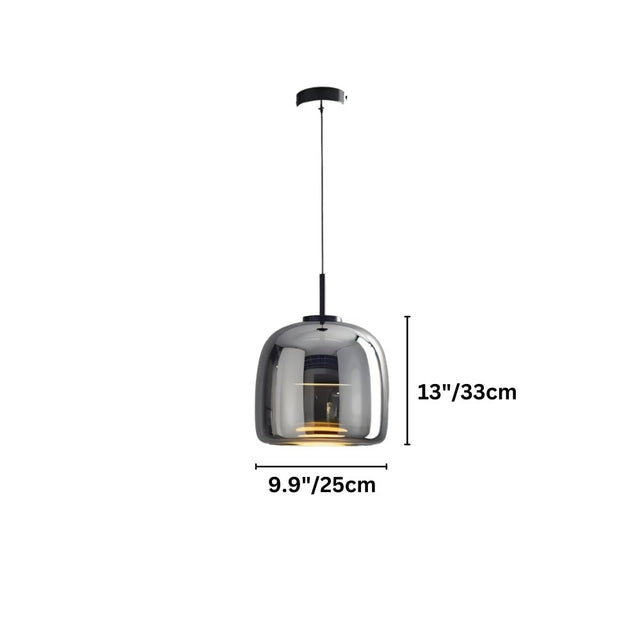 "Dimensions, 13 inches tall and 9.9 inches wide, of a modern pendant light with a round smoked glass shade."