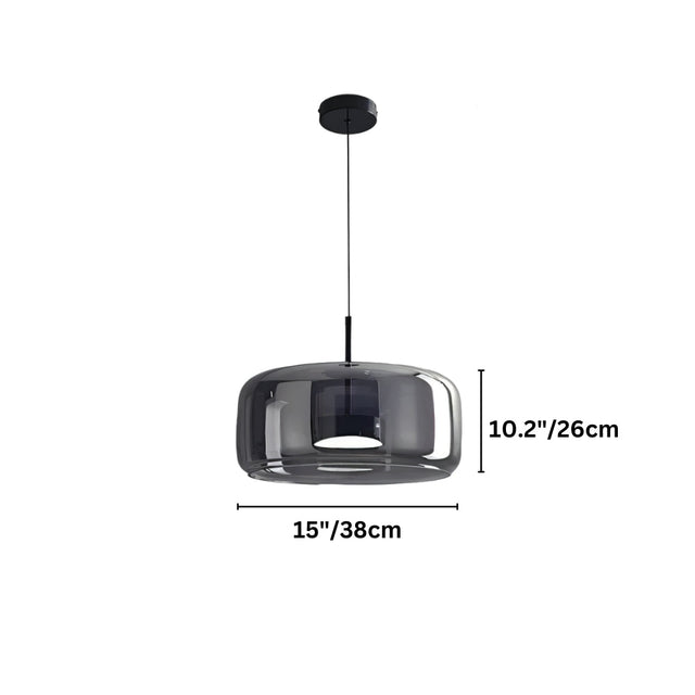 "Dimensions, 10.2 inches tall and 15 inches wide, of a modern pendant light with a wide, flat smoked glass shade."