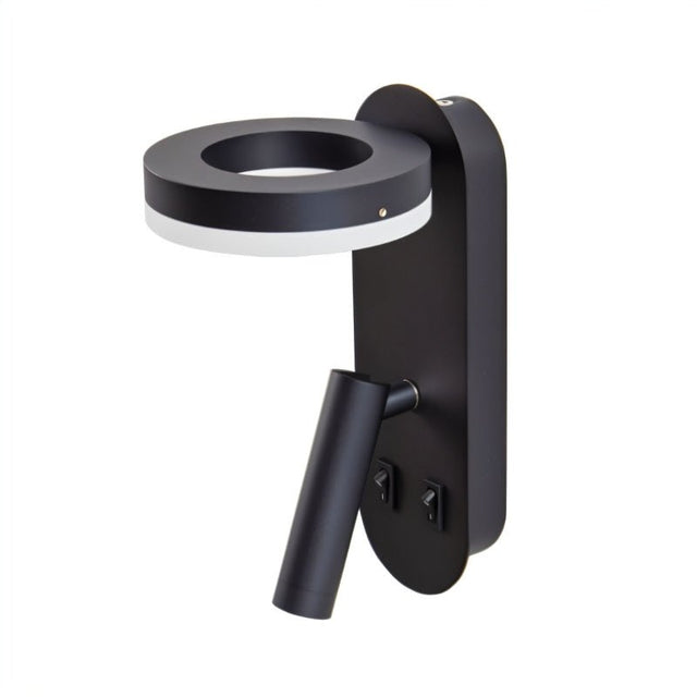 "A black wall lamp with an LED panel and a spotlight, shown from a side angle against a white background."