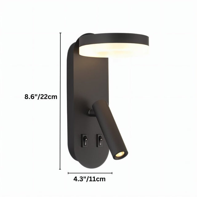 "A black wall lamp with an LED panel and a spotlight, shown against a white background with dimension measurements."