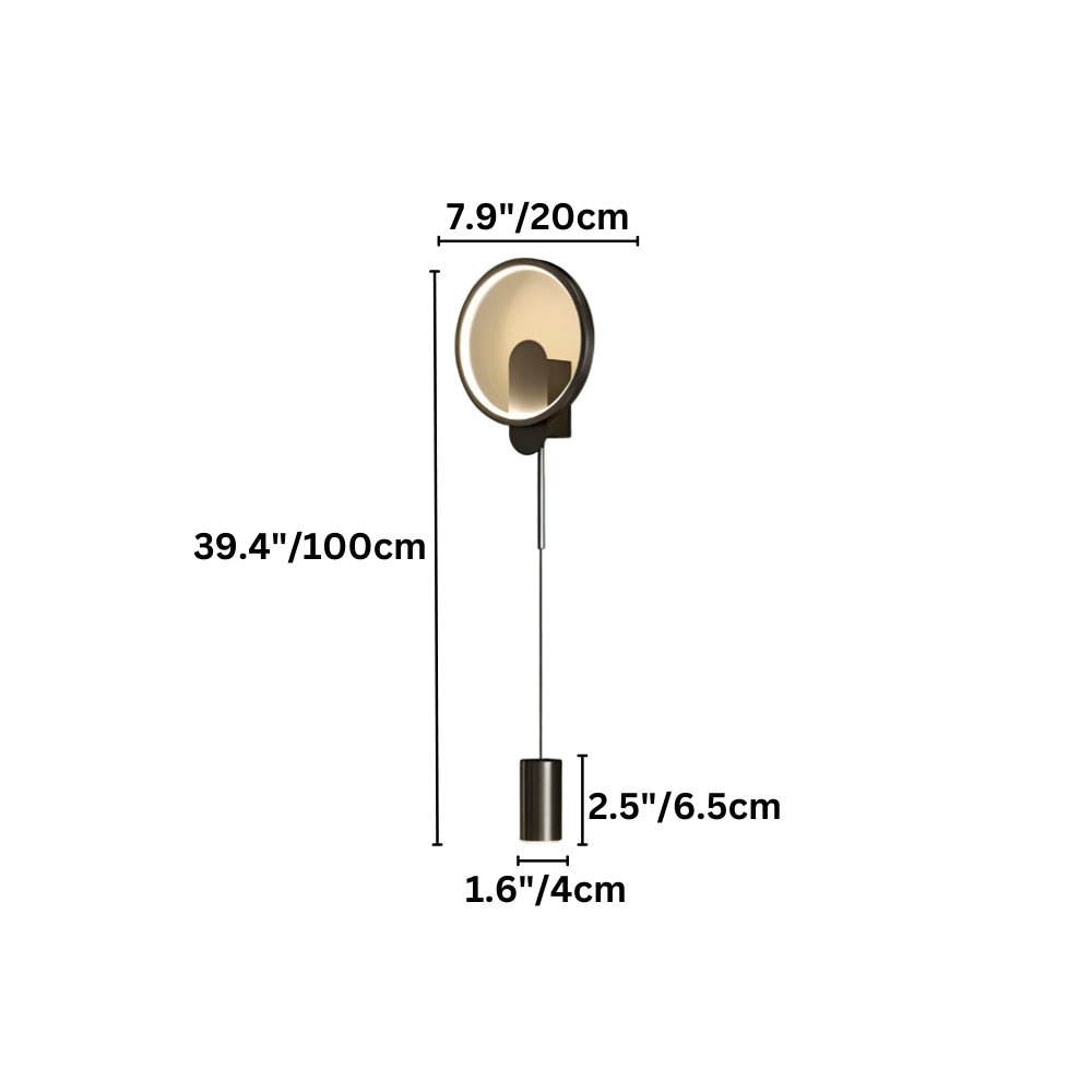 "Dimensions of a contemporary black and gold wall lamp with a circular and cylindrical design."