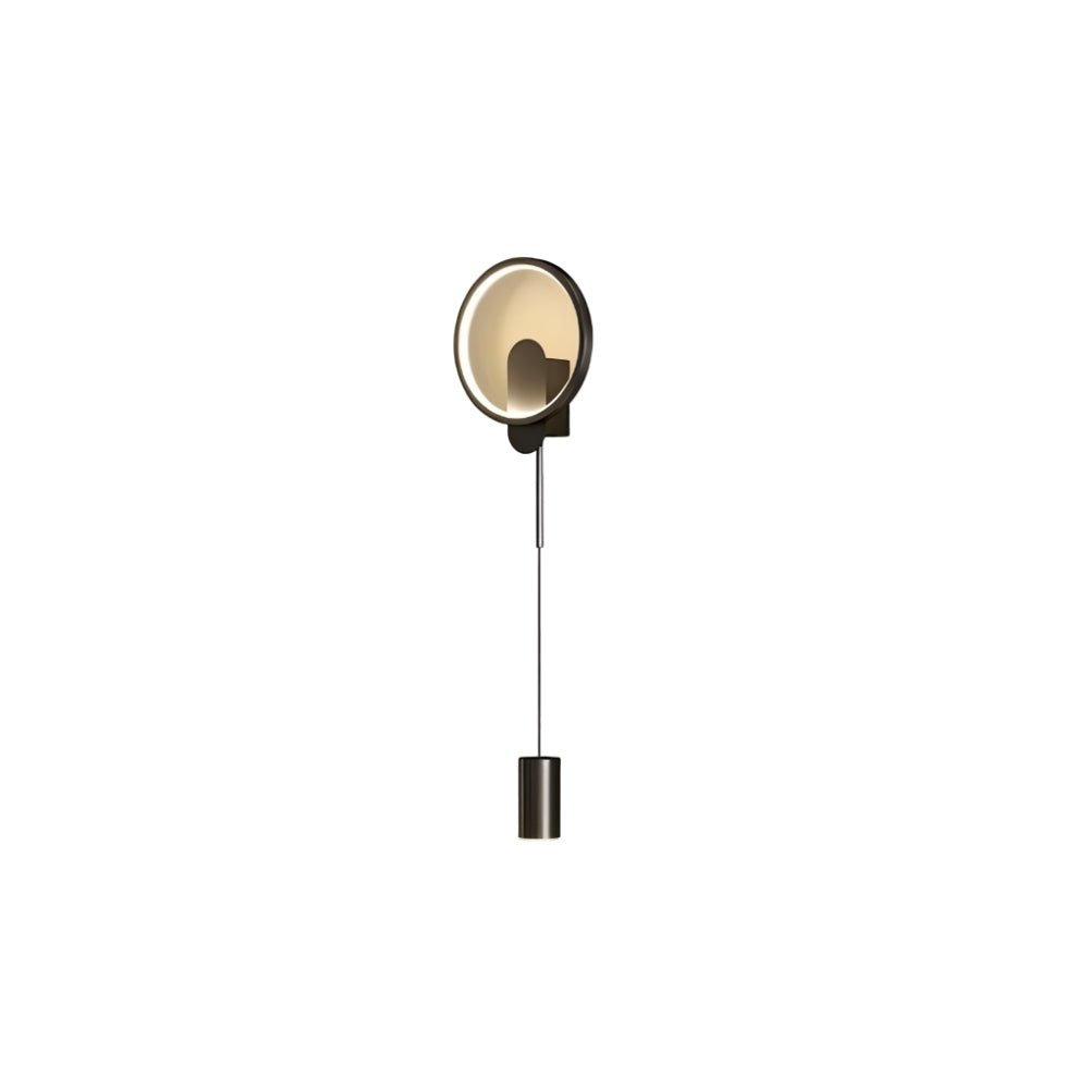 "A contemporary black wall lamp featuring a circular design with an acrylic diffuser and an adjustable cylindrical light."