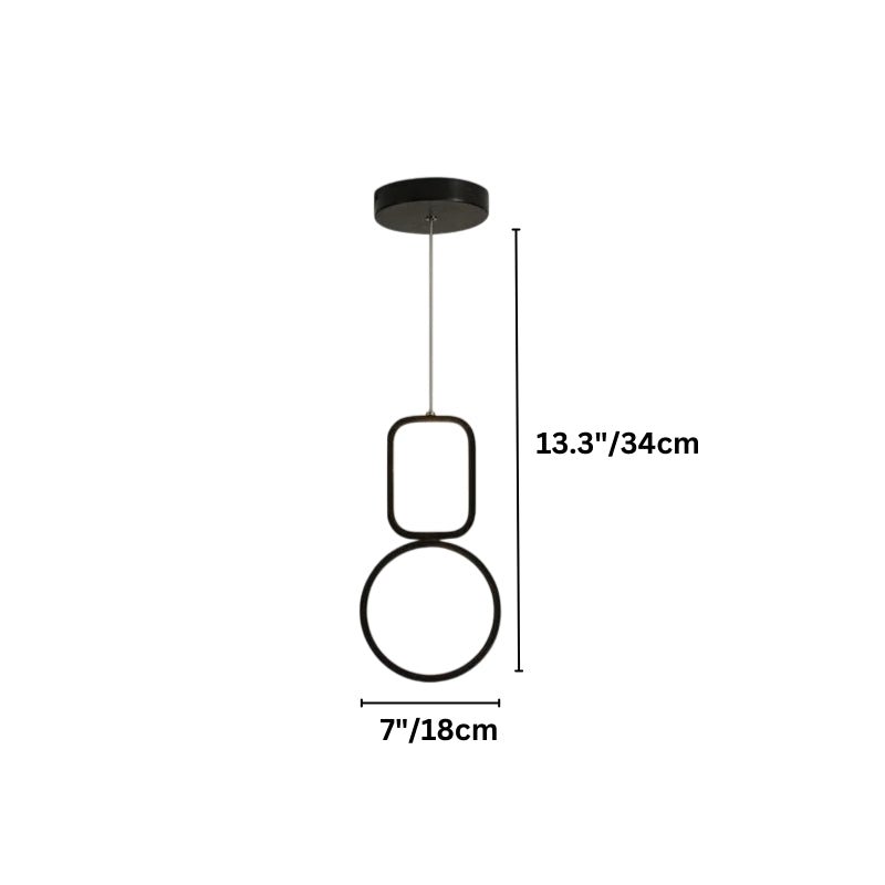"Geometric pendant light with black metal frame and acrylic diffusers, labeled with dimensions: 13.3 inches height and 7 inches width."