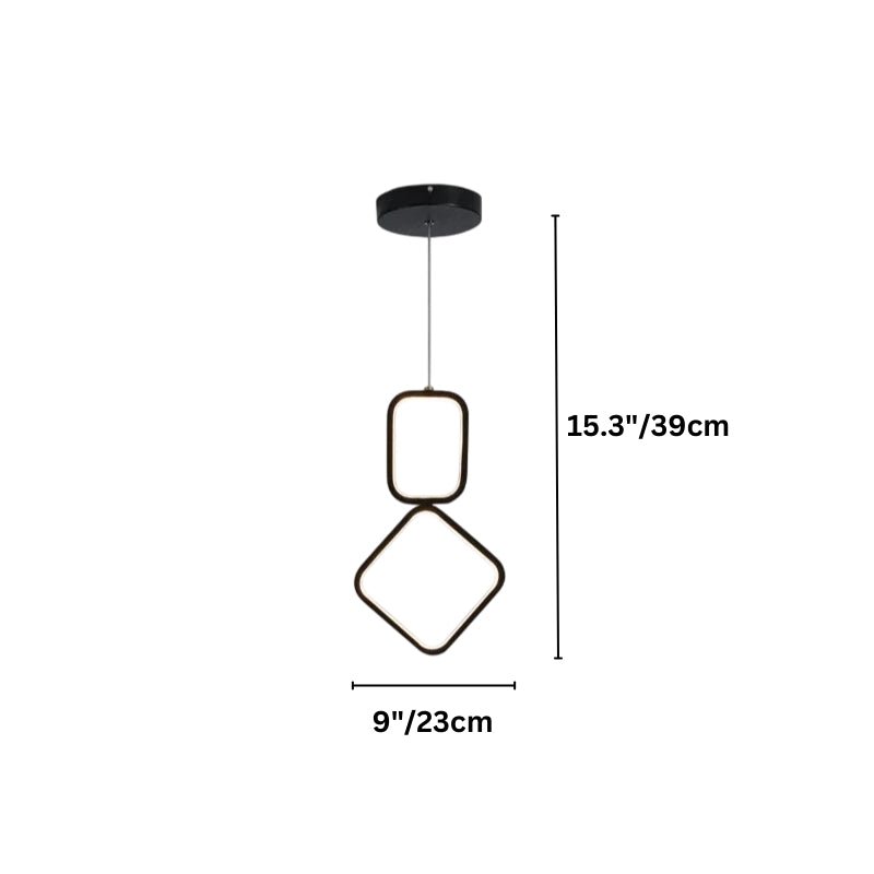 "Geometric pendant light with metal frame and acrylic diffusers, labeled with dimensions: 15.3 inches height and 9 inches width."