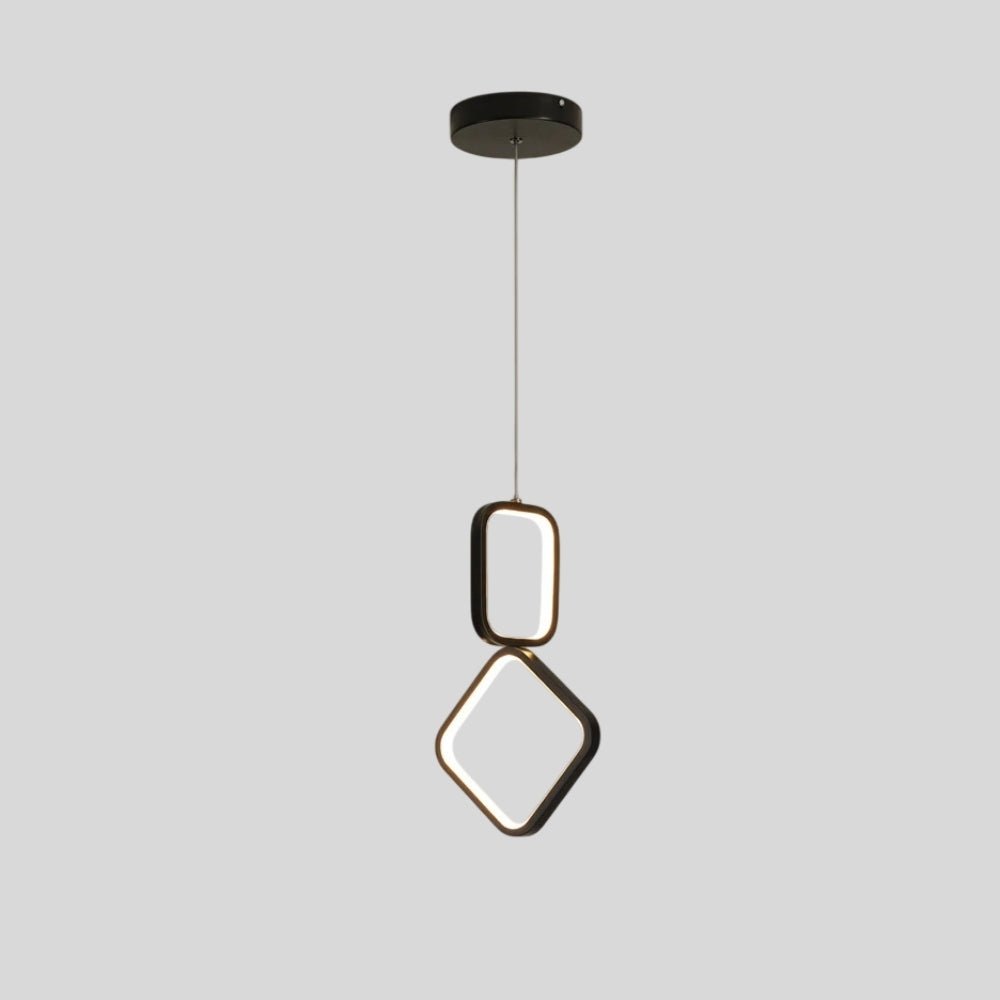 "Geometric pendant light with dark metal frame and acrylic diffusers, isolated on a light gray background."