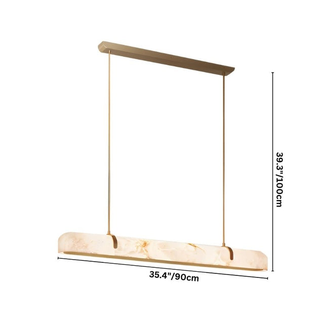 "Dimensions diagram of a 35-inch linear alabaster chandelier with a sleek copper frame, showing measurements."