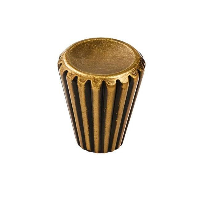 "A contemporary brass cone-shaped knob with sleek vertical grooves and a smooth, polished circular face, isolated on a white background."