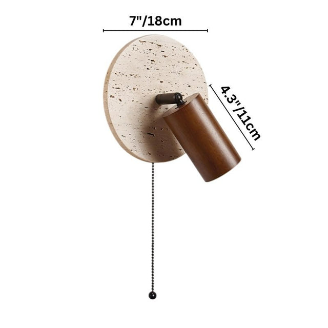 "Yellow travertine round wall lamp with wooden cylindrical shade and pull chain, dimensions labeled 7 inches wide (18cm) and 4.3 inches deep (11cm), modern bedside light."