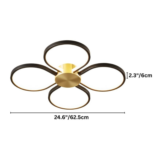 "Dimensions of a modern ceiling light with four circular LED rings in a clover design: 24.6 inches (62.5 cm) diameter, 2.3 inches (6 cm) ring thickness."