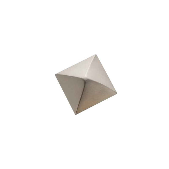 "A pyramid-shaped brushed nickel cabinet knob with a sleek, geometric design, suitable for contemporary interiors."