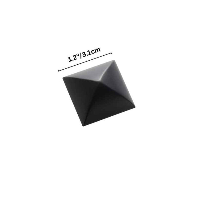 "Dimensions of a matte black pyramid-shaped cabinet knob, showcasing its size and geometric design."