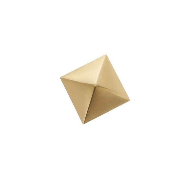 "A pyramid-shaped satin brass cabinet knob with a modern, minimalist design, suitable for contemporary kitchens and bathrooms."
