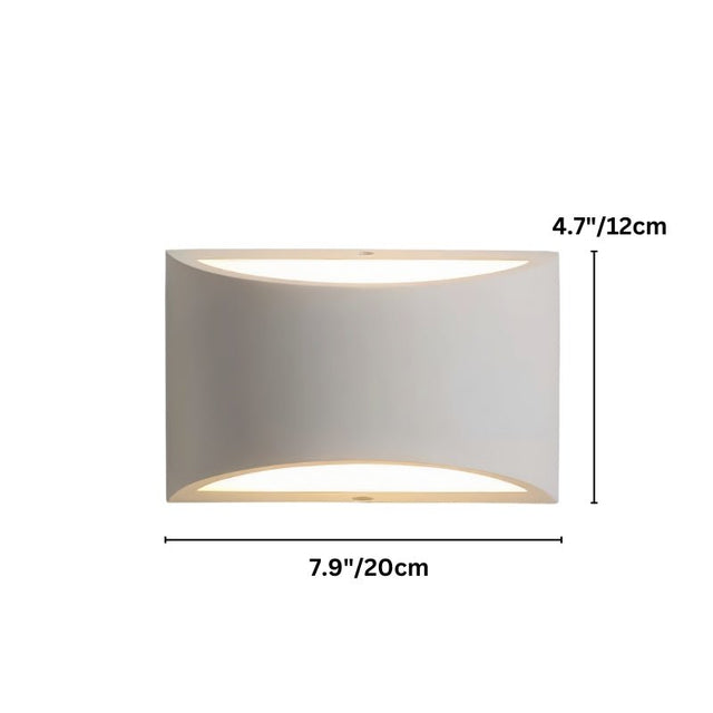 "Dimensions of a modern curved rectangular gypsum wall lamp: 7.9 inches in width and 4.7 inches in height."