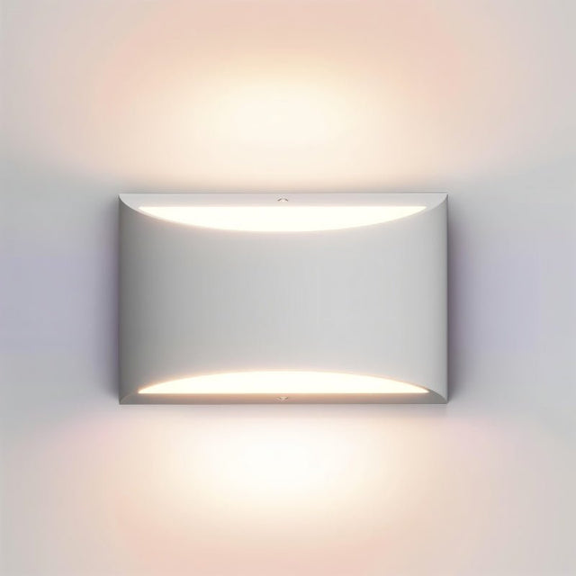 "Modern curved rectangular gypsum wall lamp, isolated on a white background, showcasing its minimalist design and up-down lighting."