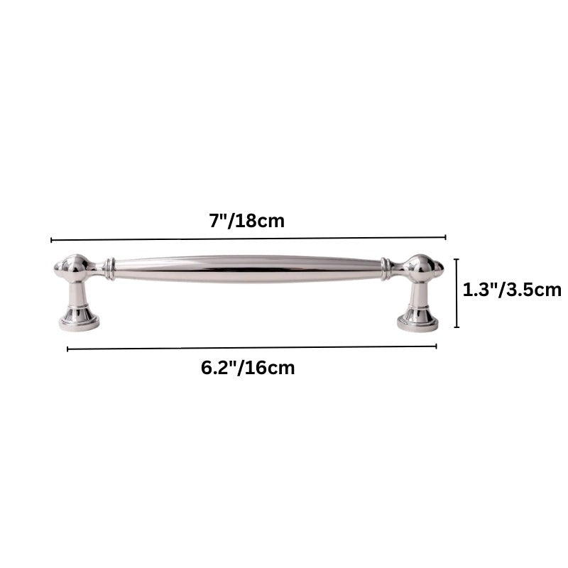 "Dimensions of a medium-sized polished chrome brass pull bar with a classic, elegant design."