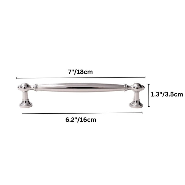 "Dimensions of a medium-sized polished chrome brass pull bar with a classic, elegant design."