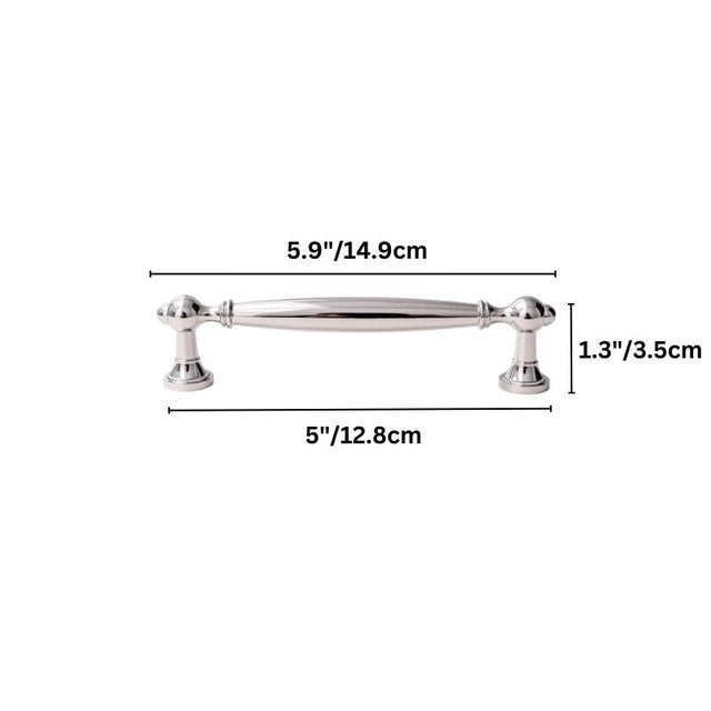 "Dimensions of a polished chrome brass pull bar with a classic, elegant design."