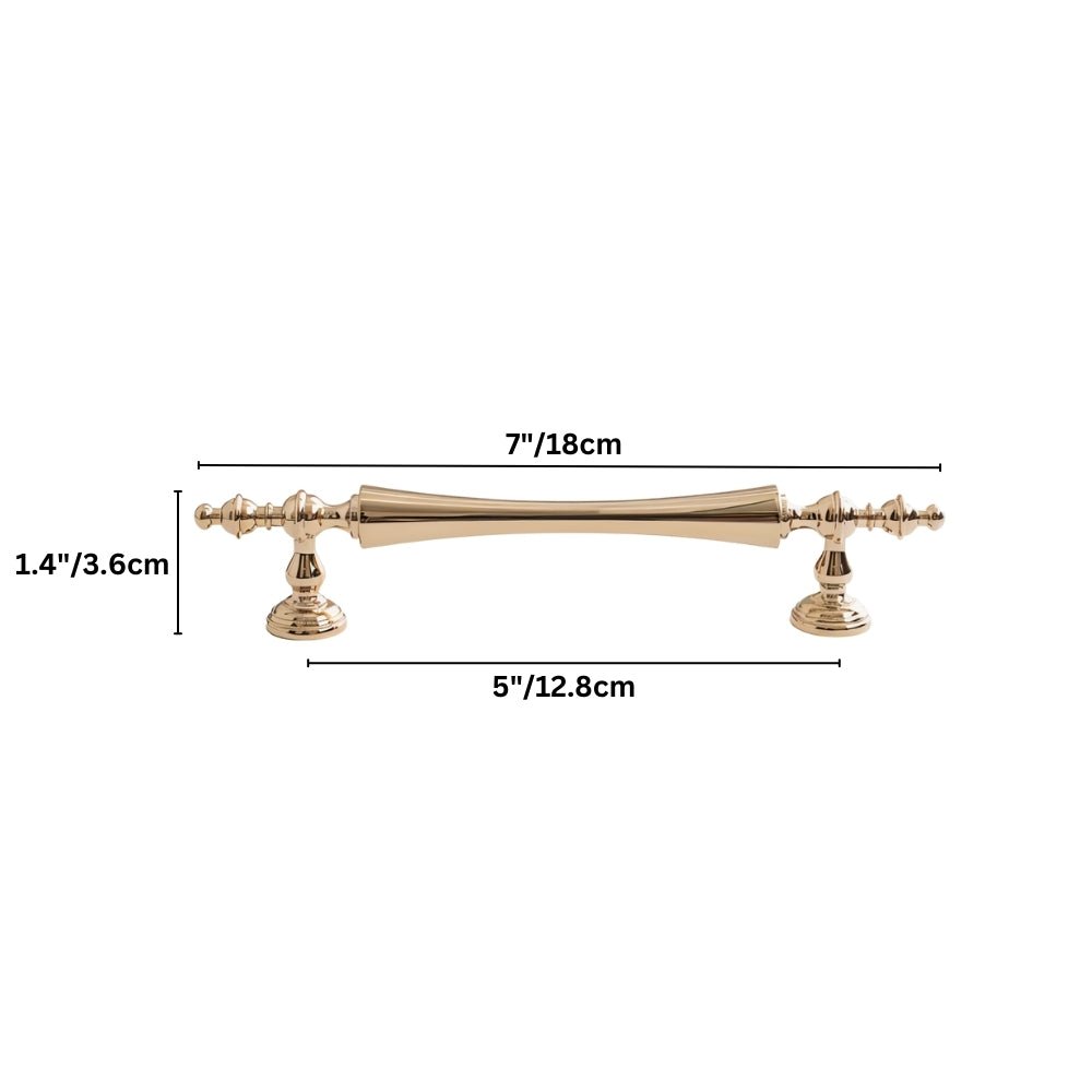 "Brass pull bar handle with a tapered spindle design and intricate finials, suitable for classic or transitional interiors."
