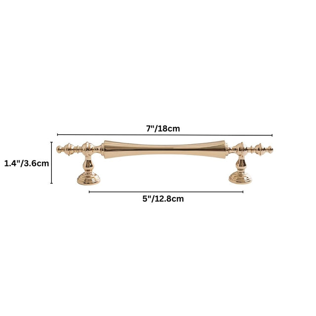 "Brass pull bar handle with a tapered spindle design and intricate finials, suitable for classic or transitional interiors."